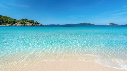 Fototapeta premium Serene Coastal Paradise, A breathtaking view of a clear beach with distant islands, showcasing a picturesque and tranquil seascape perfect for relaxation and exploration.