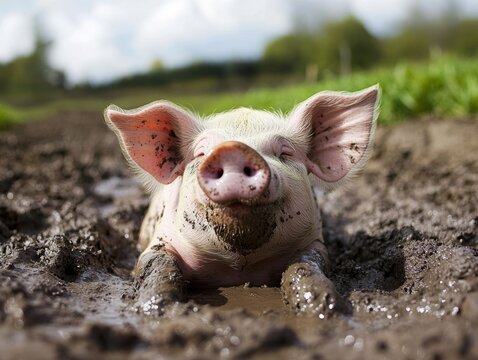 Close up image of a cheerful pig luxuriating in a mud bath with delight and contentment