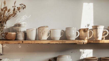 Obraz premium Handcrafted ceramic mugs line a wooden shelf, bathed in soft daylight, showcasing the beauty of handmade artisan pottery.