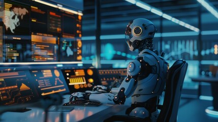 A futuristic robot monitors multiple screens in a high-tech control room, emphasizing the integration of technology, innovation, and advanced surveillance systems.