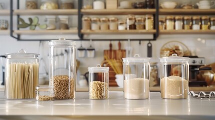 A neat kitchen counter with meticulously organized jars and containers filled with various grains and spices, showcasing a sense of order and culinary readiness.