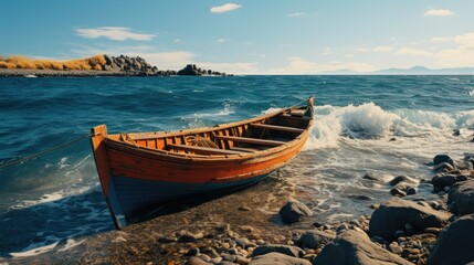 Naklejka premium boat in the ocean HD 8K wallpaper Stock Photographic Image 