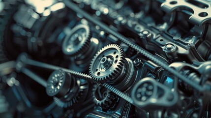Fototapeta premium Close-up of a complex engine mechanism, showcasing metallic gears and belts in a finely tuned mechanical masterpiece.