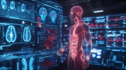 Obraz premium Futuristic holographic display of the human circulatory system with AI-powered diagnostics.