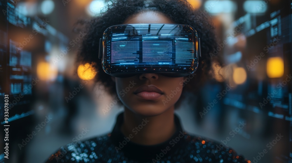 Poster a user immersed in virtual reality technology engages with digital interfaces in a contemporary offi