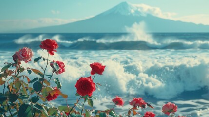 Vibrant red roses bloom by the ocean under the shadow of a majestic mountain, with waves crashing on the shore.