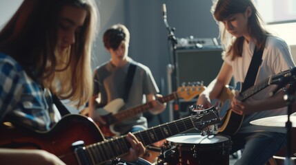 Teenagers play guitars and bass with dedication in a sunlit rehearsal space, embodying the essence of youthful passion for music.