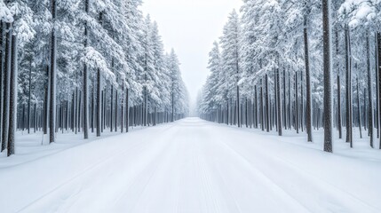 Fototapeta premium Snowy path winding through a serene pine forest, glistening under a blanket of fresh snow, tranquil winter landscape inviting adventure and exploration