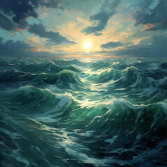 Serene seascape with blue ocean waves under a sunny sky and soft clouds.