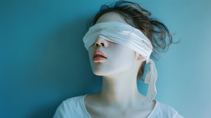 A woman with a linen blindfold over her eyes leans back against a blue background, creating a dramatic and introspective image.