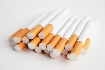 Cigarette, roll tobacco in paper with filter tube, No smoking concept.