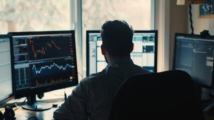 Fototapeta premium A trader in a home office setting, intensely monitoring multiple financial market charts on computer screens, exemplifying work-from-home dynamics and real-time trading.
