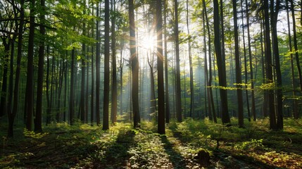 Sunlit Forest Serenity, a tranquil woodland scene where golden rays filter through lush foliage, creating a harmonious atmosphere of peace and natural beauty