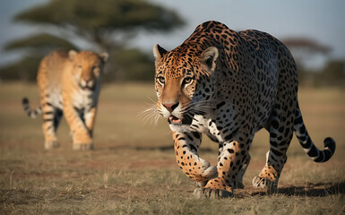 Fototapeta premium Sunset Jaguars and Cheetahs Banner on African Savanna