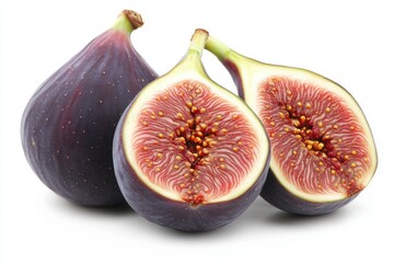 Fresh ripe figs halved with vibrant red seeds isolated on white