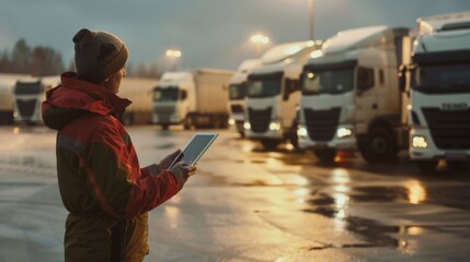 A truck driver using a tablet in a dimly lit parking lot with multiple trucks parked, capturing the blend of modern technology and traditional trucking.