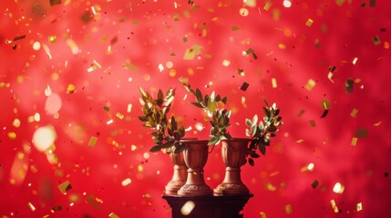 Glittering golden trophies adorned with laurel wreaths, surrounded by floating confetti, capture a moment of celebration and high achievement against a rich red backdrop.