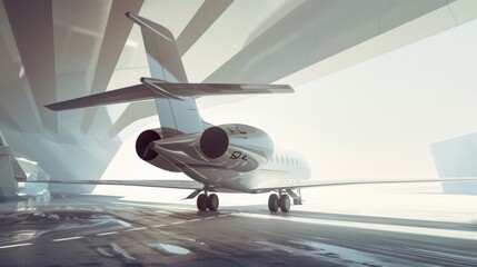 A majestic private jet waits on an ultra-modern runway beneath a strikingly minimalistic overhang, evoking luxury and sophistication.