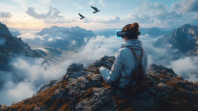 A person wearing VR glasses sits peacefully atop a mountain, gazing into the horizon while clouds and birds create a stunning backdrop.