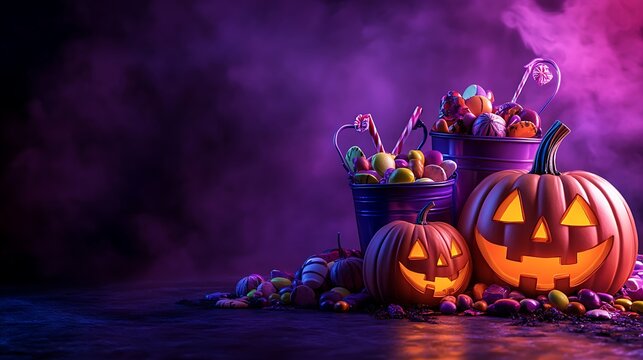 Eerie Halloween scene with jack-o'-lanterns and treat buckets filled with candies against a smoky purple background, festive and spooky.