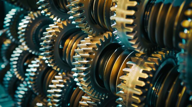 A close-up of interlocking metal gears, showcasing the precision and complexity of mechanical engineering with a focus on the intricate details and craftsmanship.
