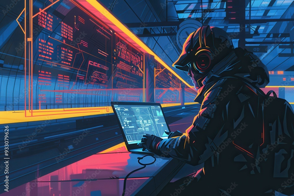 Poster a hacker types on a laptop in a crowded metro station, highlighting the risks associated with public