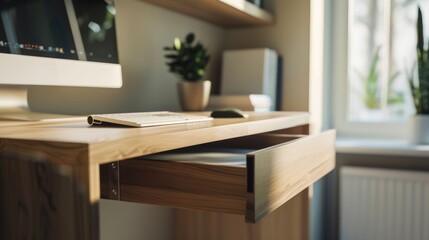 Fototapeta premium A modern, minimalist home office desk with a drawer slightly open and a computer monitor in the background, bathed in natural light.