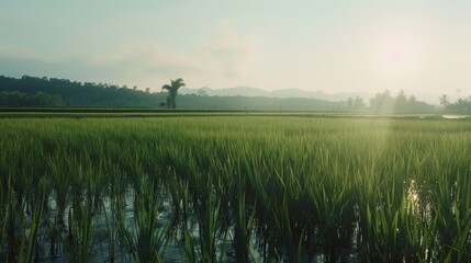 The morning sun casts a gentle glow over an expansive, green rice field, enveloped by distant hills and a tranquil atmosphere.