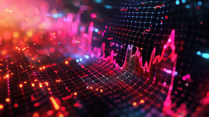Abstract Digital Data Visualization with Colorful Graphs and Dots Representing Big Data, Analytics, and Technology Trends