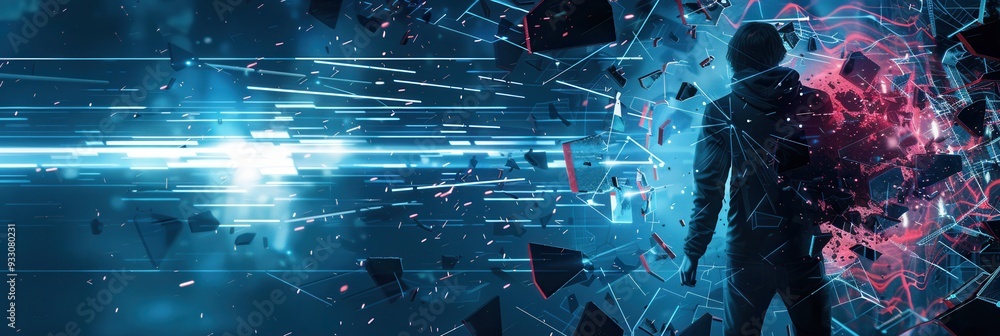 Leinwandbilder a hacker breaks through a protective digital barrier, scattering pieces as they advance in a high-te