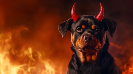 Obraz premium Rottweiler Dog Wearing Devil Costume with Red Horns and Tail Standing in Front of Fiery Backdrop with Ample Copy Space