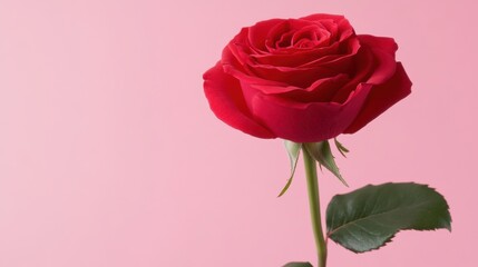 Fototapeta premium Vibrant red rose on soft pink background