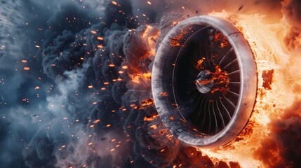 The close-up of a fiery aircraft engine mid-flight, engulfed in roaring flames and smoke, creates a scene of high-intensity danger in the sky.