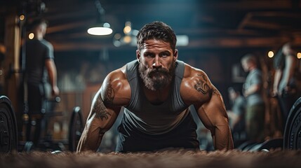 Fototapeta premium Bodybuilder performing workouts in a gym. Gym background. 