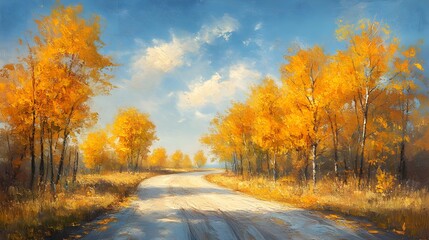 Fototapeta premium Peaceful country road, autumn trees, golden leaves, oil painting style, smooth brushstrokes, serene countryside, warm sunlight