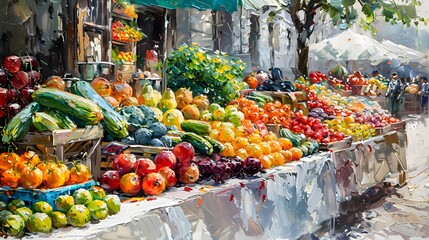 Obraz premium Dynamic market scene, vivid fruits and vegetables spilling across the stall, hand-brushed in expressive oil painting style, evoking freshness and life