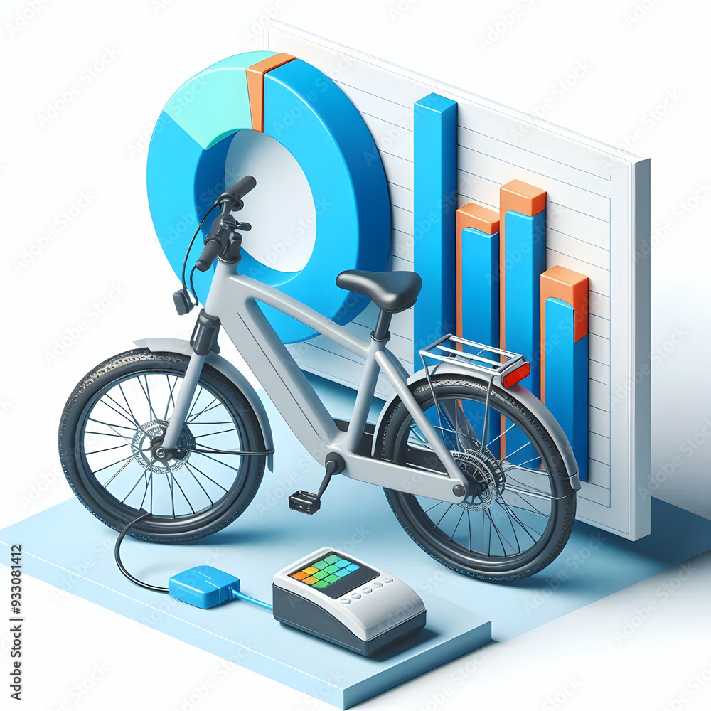 Poster 3d icon as electric bicycle and business chart concept as an electric bicycle paired with a business