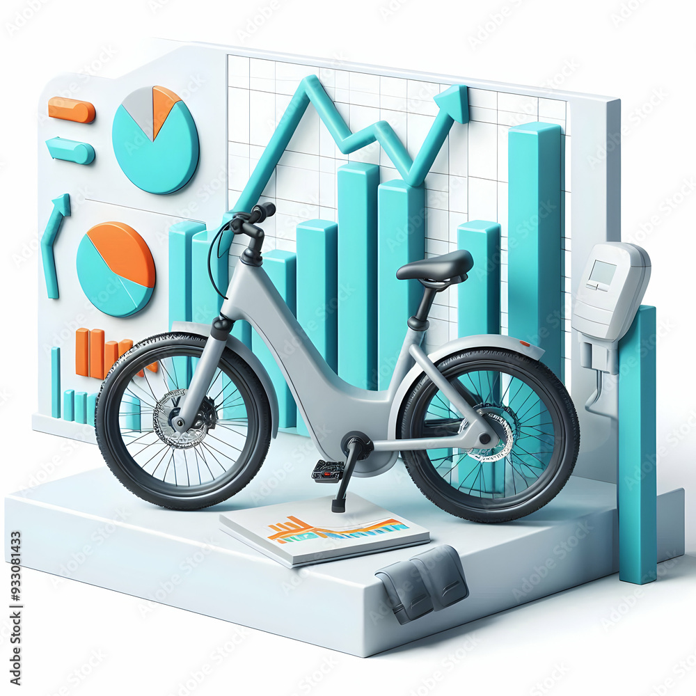 Poster 3d icon as electric bicycle and business chart concept as an electric bicycle paired with a business