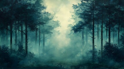 Mysterious forest, towering trees in mist, deep greens and blues, oil painting style, hand brush strokes creating depth and intrigue
