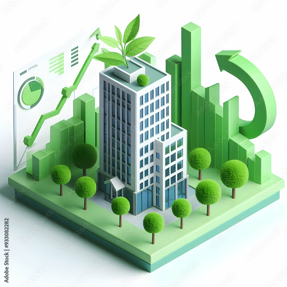 Poster 3d icon as green building and financial chart concept as a green building paired with a financial ch