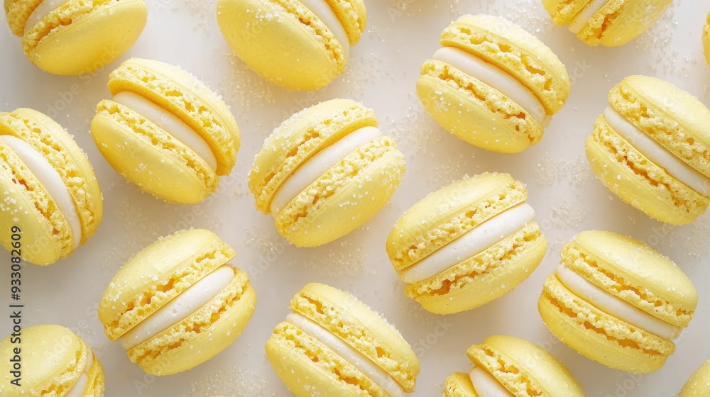 Wall mural Delightful yellow macarons tastefully arranged on light background