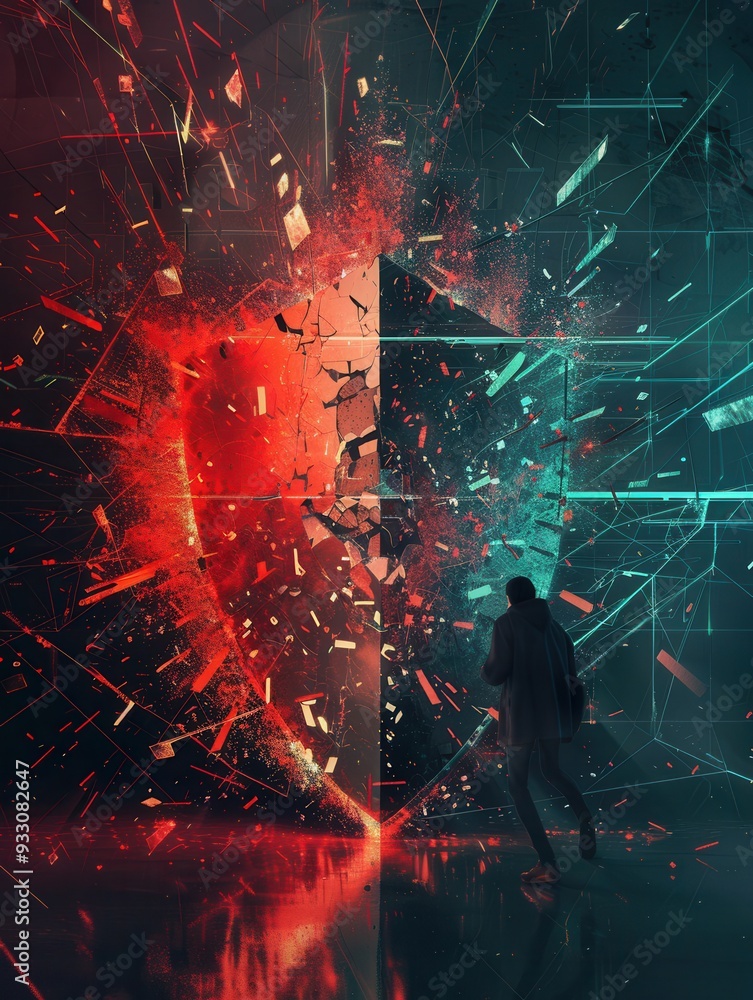 Aufkleber A hacker disrupts a digital shield, causing fragments to scatter, symbolizing a cyberattack on security systems. Generative AI