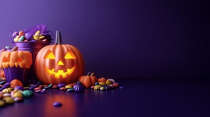 Obraz premium Festive Halloween scene with a glowing jack-o'-lantern, candy, and decorations on a dark purple background.