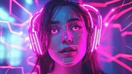 A captivating portrait of a person wearing neon headphones, surrounded by vibrant digital lights, embodying a modern electronic vibe.
