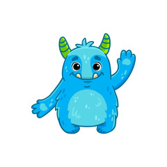 Cute cartoon monster on white background. Blue Monster Icon. Happy Alien. Doodle Funny monster with horns. 