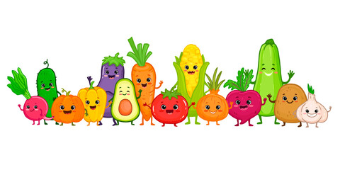 Set of cartoon vegetable characters. Cute broccoli, potato, carrot, tomato, pepper, eggplant, onion, cucumber, corn, avocado, beet, radish, pumpkin with arms and legs for kids. Menu.
