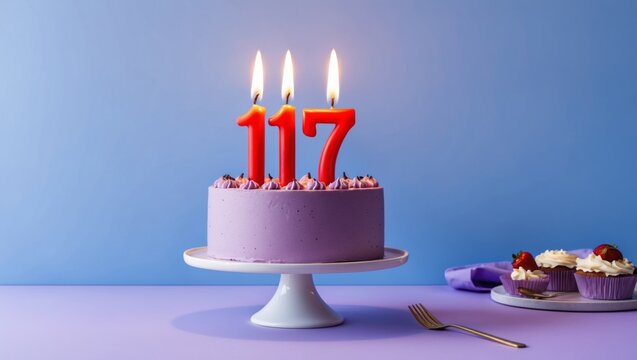 A cake with the number 117 lit with candles