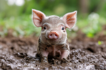 A small chubby piglet rolling in the mud with a happy