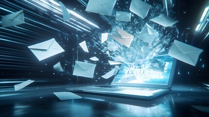 A 3D render of a sleek, metallic laptop, digital envelopes and letters flying out in a dynamic arc, cool, ambient lighting with blue tones, ultra-realistic textures with detailed paper and screen