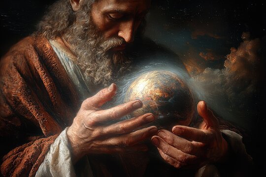 Divine creation: God shaping planet earth, showcasing the sacred process of the world&rsquo;s origin and its religious significance in a powerful visual representation, in spiritual context.